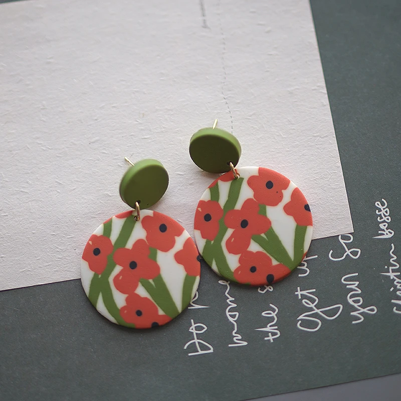 Colorful Dopamine Style Daisy Flower Polymer Clay Earrings Indie Aesthetic Geometric Vibrant Green Red Floral Drop Jewelry
