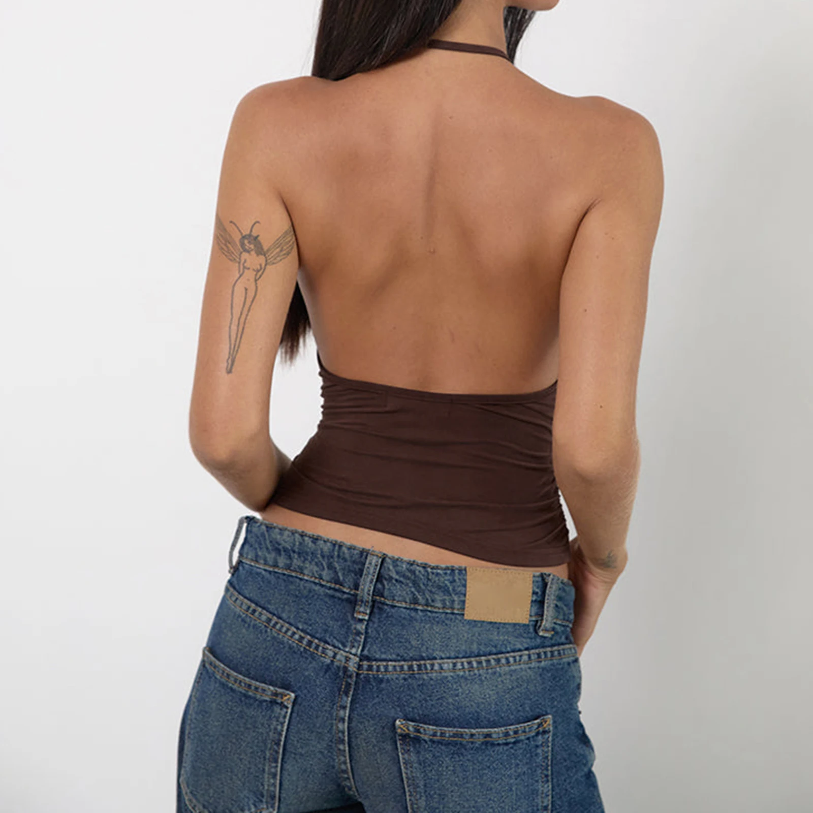 

Women's Summer Halter Tops Stylish Solid Ruched Slim Fit Backless Sleeveless Vest