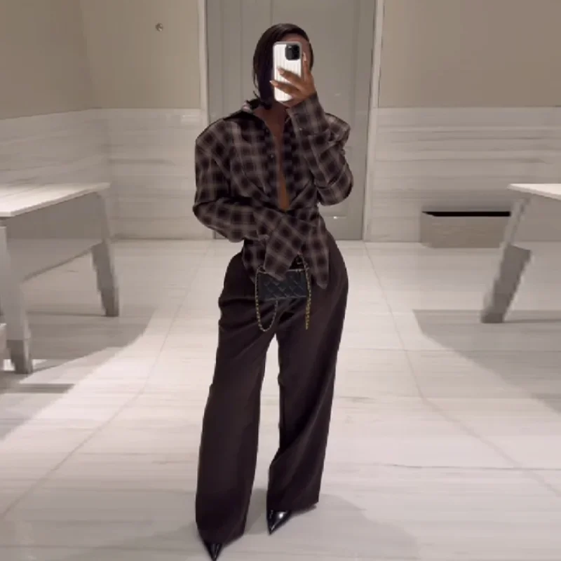 

Шикарные сексуальные клетчатые рубашки с длинными рукавами, дизайнерские лестные стильные повседневные женские осенние топы, модная модная женская уличная одежда