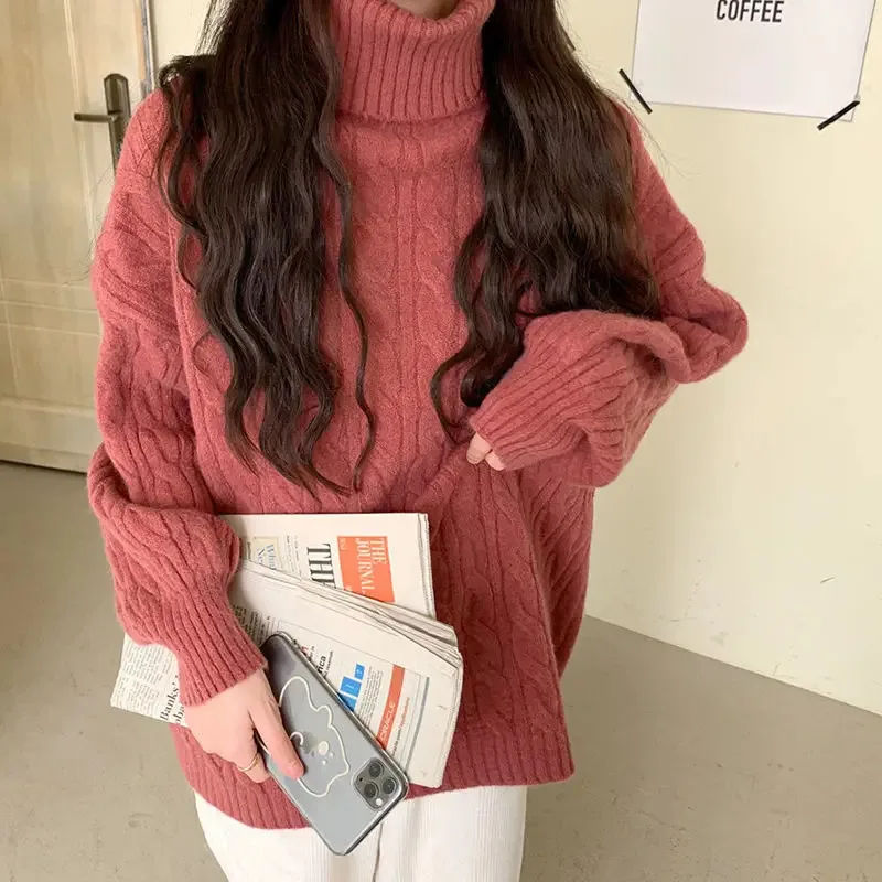 Korean Women Turtleneck Sweaters Loose Preppy Style Lantern Sleeve Jumper Female Casual Tender Knitwear Thick Winter Pullovers