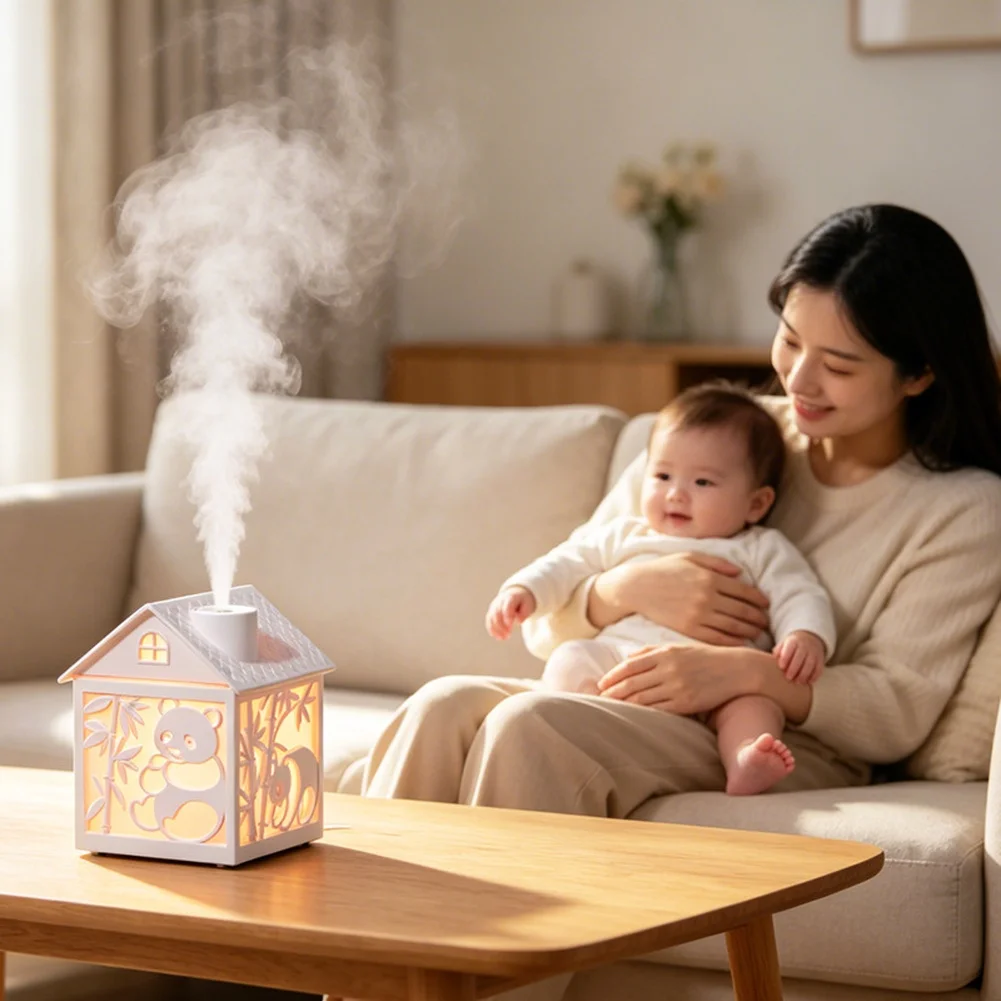 1 Piece Wooden House Humidifier With Color Changing Night USB Desktop Air For Home Bedroom Office Decor