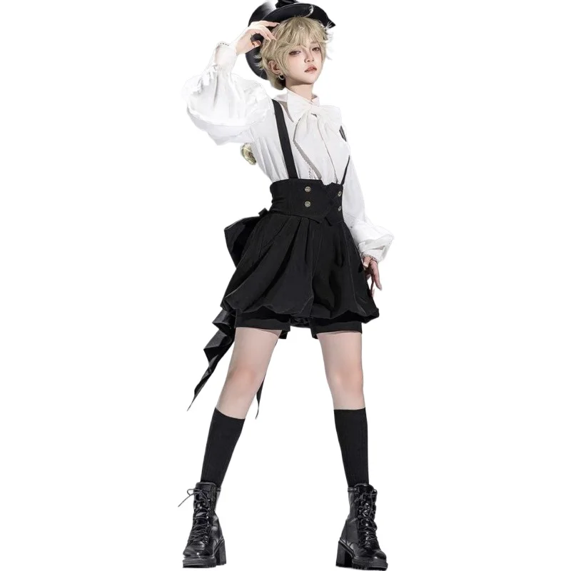 

2025 New Japanese Gothic Y2k 2 Piece Set Women Sweet White Bow Shirt Trailing Black Strap Skirt Mini Pants Vintage Princess Suit