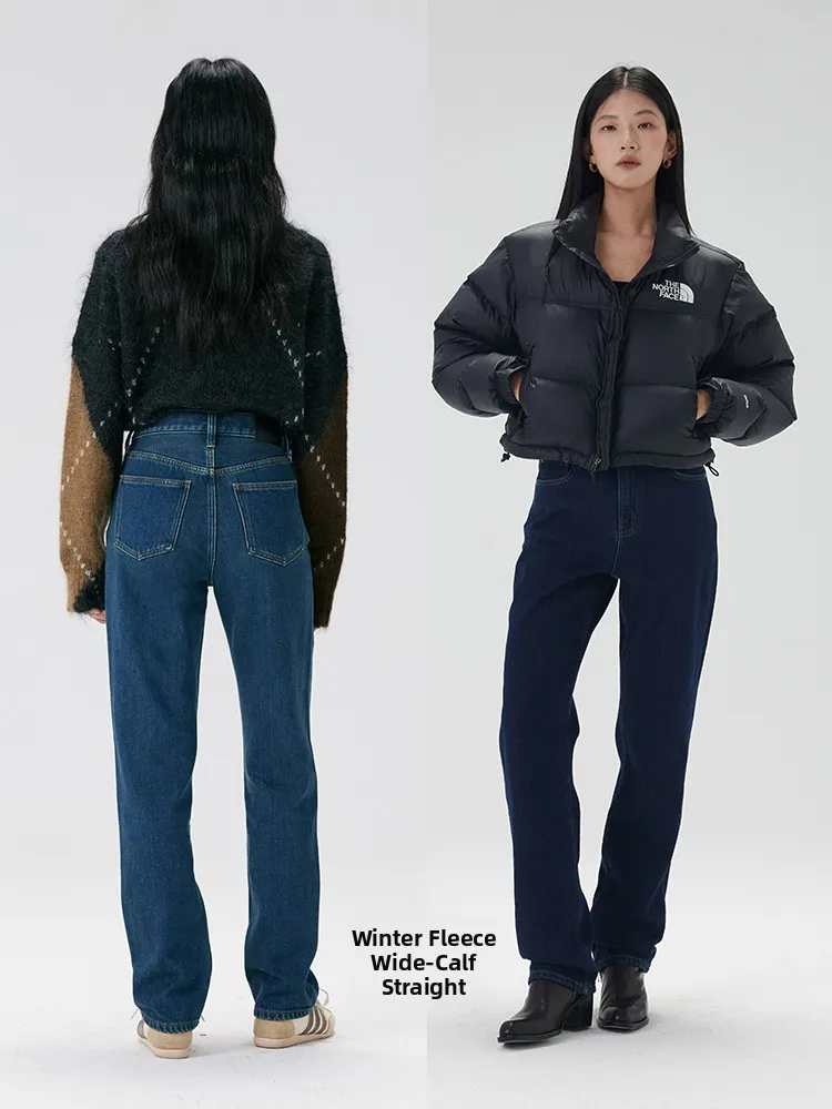 

No.93 Женские джинсы с высокой талией на подкладке и прямыми штанинами, новые зимние длинные брюки свободного кроя, синие джинсовые брюки на молнии