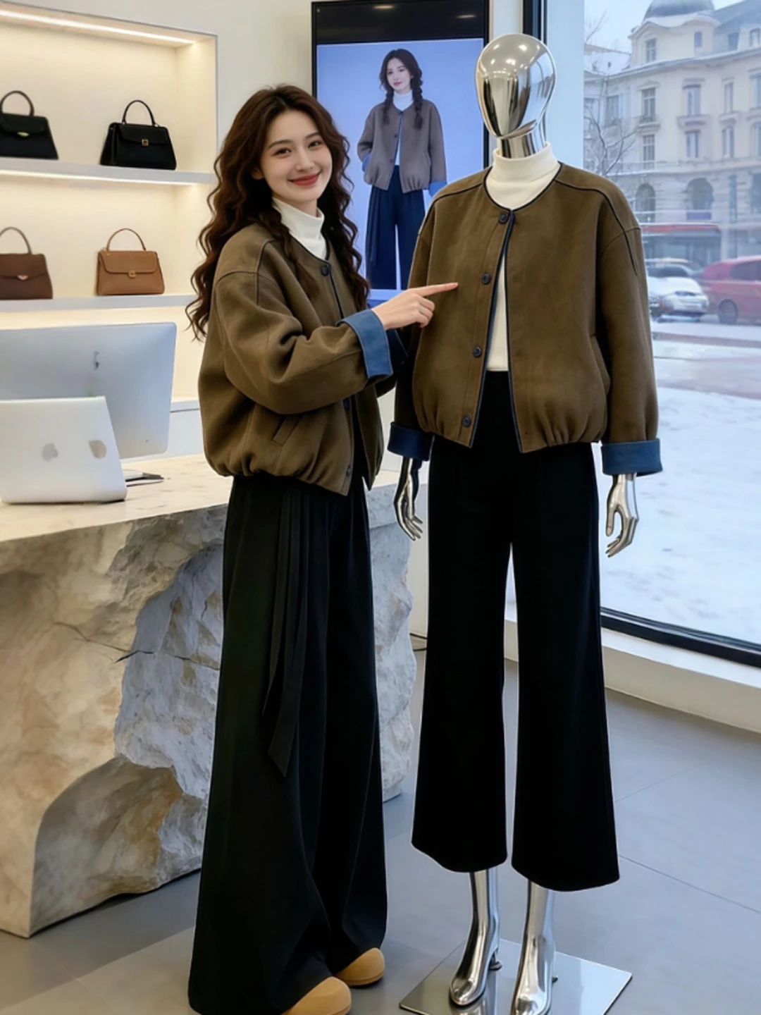 

Retro Faion ort Jaet And Casual Pants Two-Piece Set Ele Spring Outfit Comfortable Warm Cotton Zipper Closure