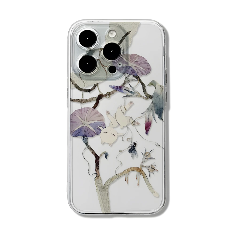 Morning Glory Flower and Cat Clear Floral Case for iPhone 16 11 12 13 14 15 Pro Max Xs XR 8 Plus Ultra Thin Soft Silicone Cover