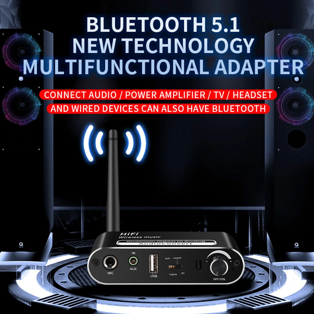 Bluetooth-Compatible 5.1 Receiver Digital to Analog Audio DAC Converter Spdif Optical Coaxial Signal AUX RAC Amplifier Decoder