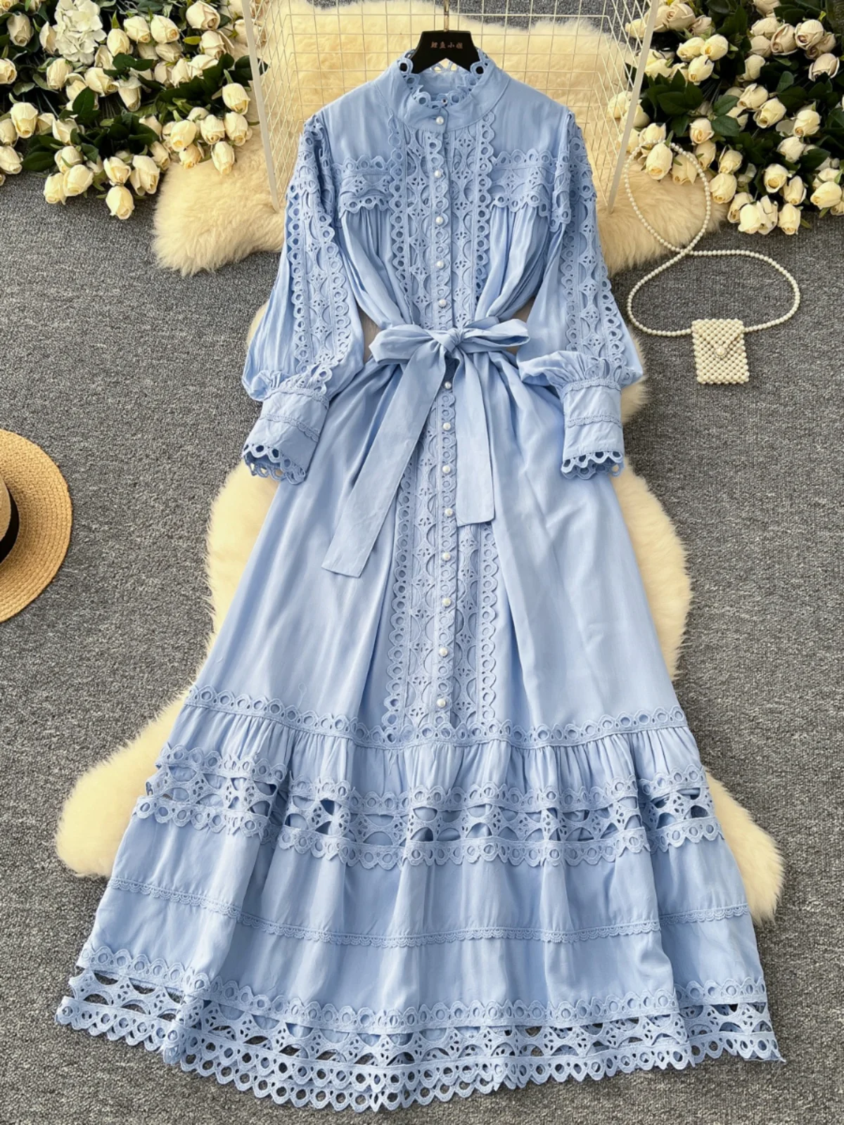 

Retro Lace Splicing Belted Waist Lantern Sve Dr Women's Court Long Dr Hollow out Design High Waist A-Line Skirt