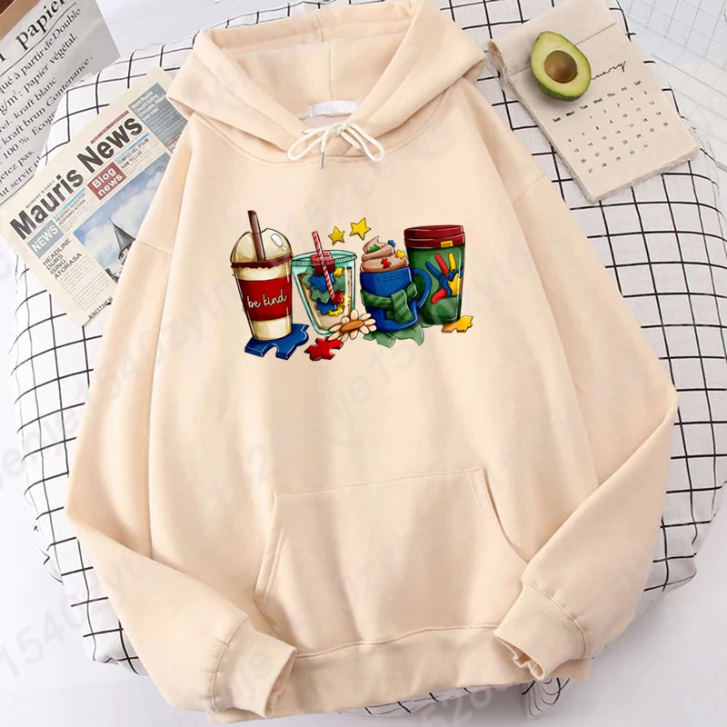 Autism Coffee Be Kind Print Hoodie New Fashion Women Long Sleeve Pullover Casual Pure Color Pullovers Hoodies Ladies Sweatshirts