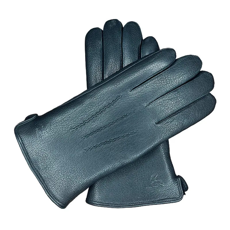 Men's Winter Warm Goat Skin Thickened Sheepskin Fur Integrated Liner Imitation Deerskin Leather Gloves