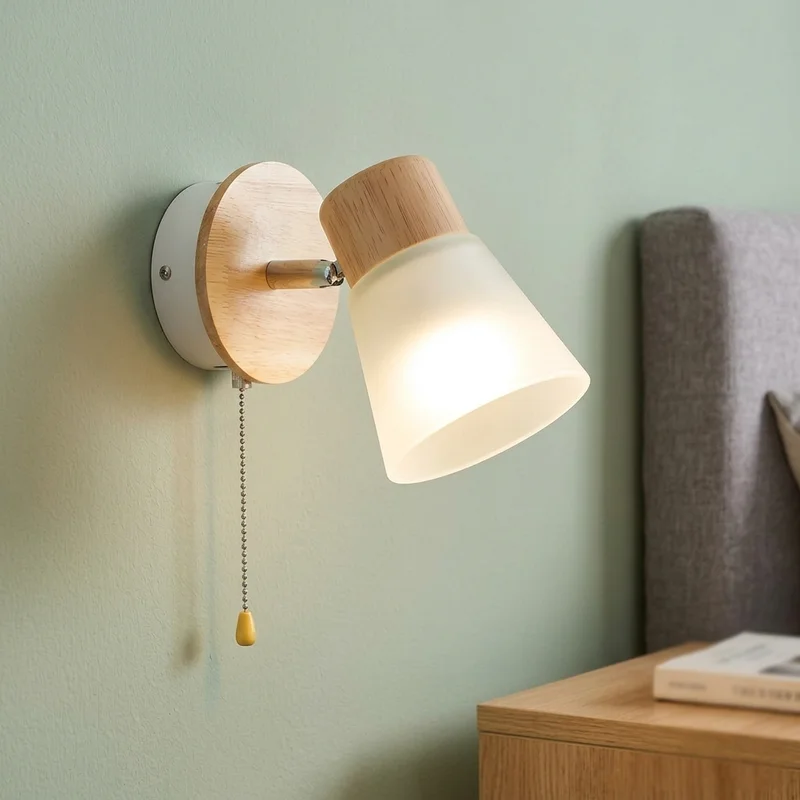 Nordic Modern Wood Adjustable Pull Chain Bedroom Bedside Reading Study Room Directional Rotatable Interior Mounted Wall Lamp