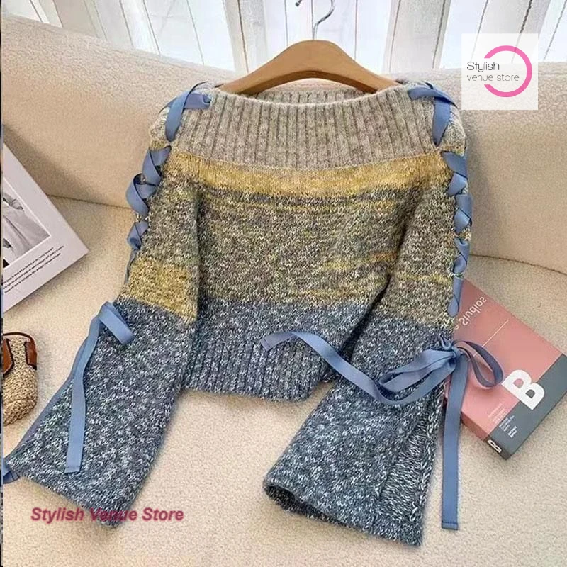 

French fashion foreign style pullover long sleeve sweater women's autumn and winter new chic design color matching sweater