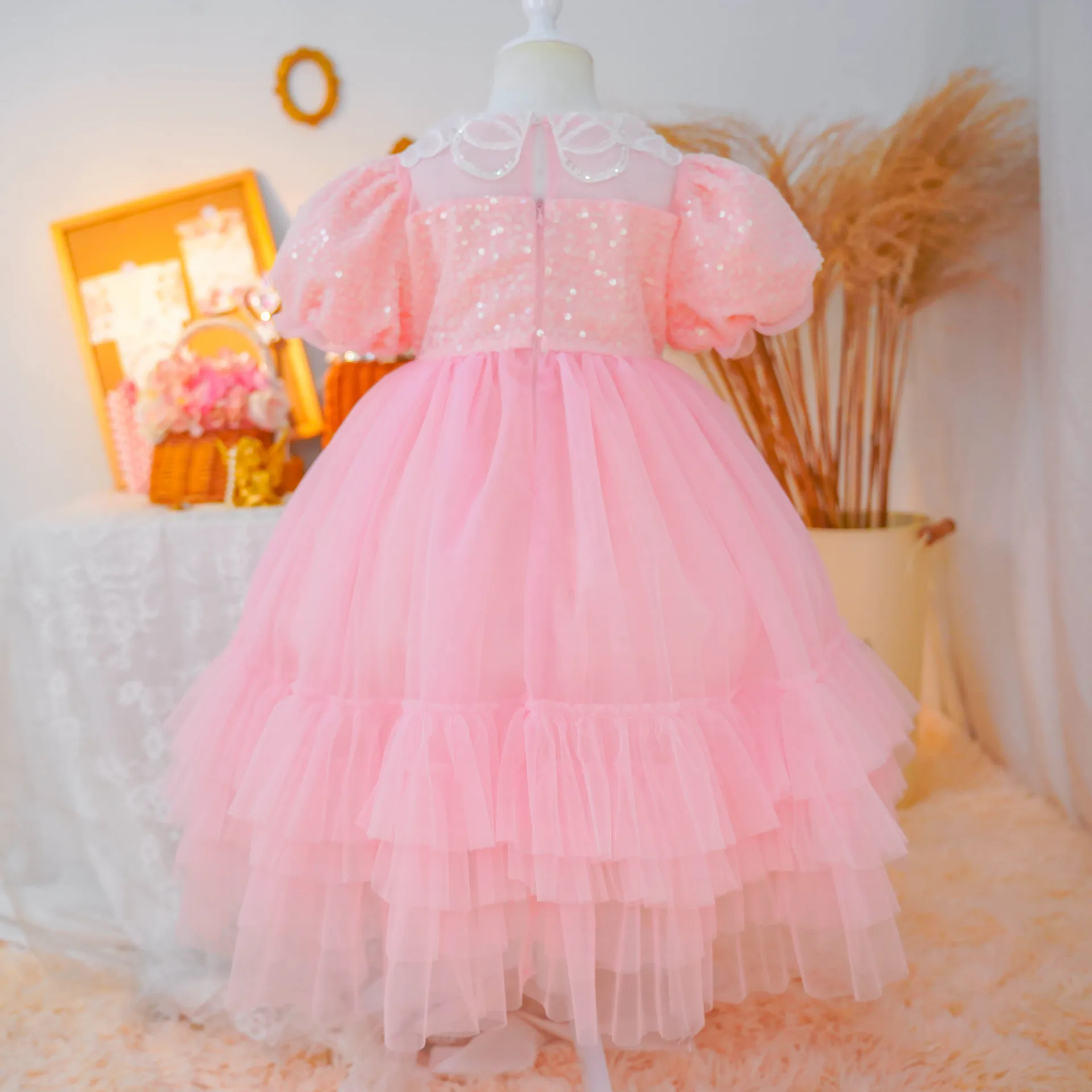 Charming Heavy Industry Flower Girls Dress 2022 Sequined Beading  Princess Gown Summer New Bow Pearl Sweet Skirt