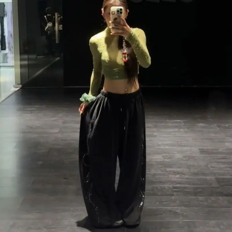 Sequin Wave Print Elastic Waist Loose Fit Streetwear Casual Trousers for Spring Summer Women's Baggy Wide-Leg Pants