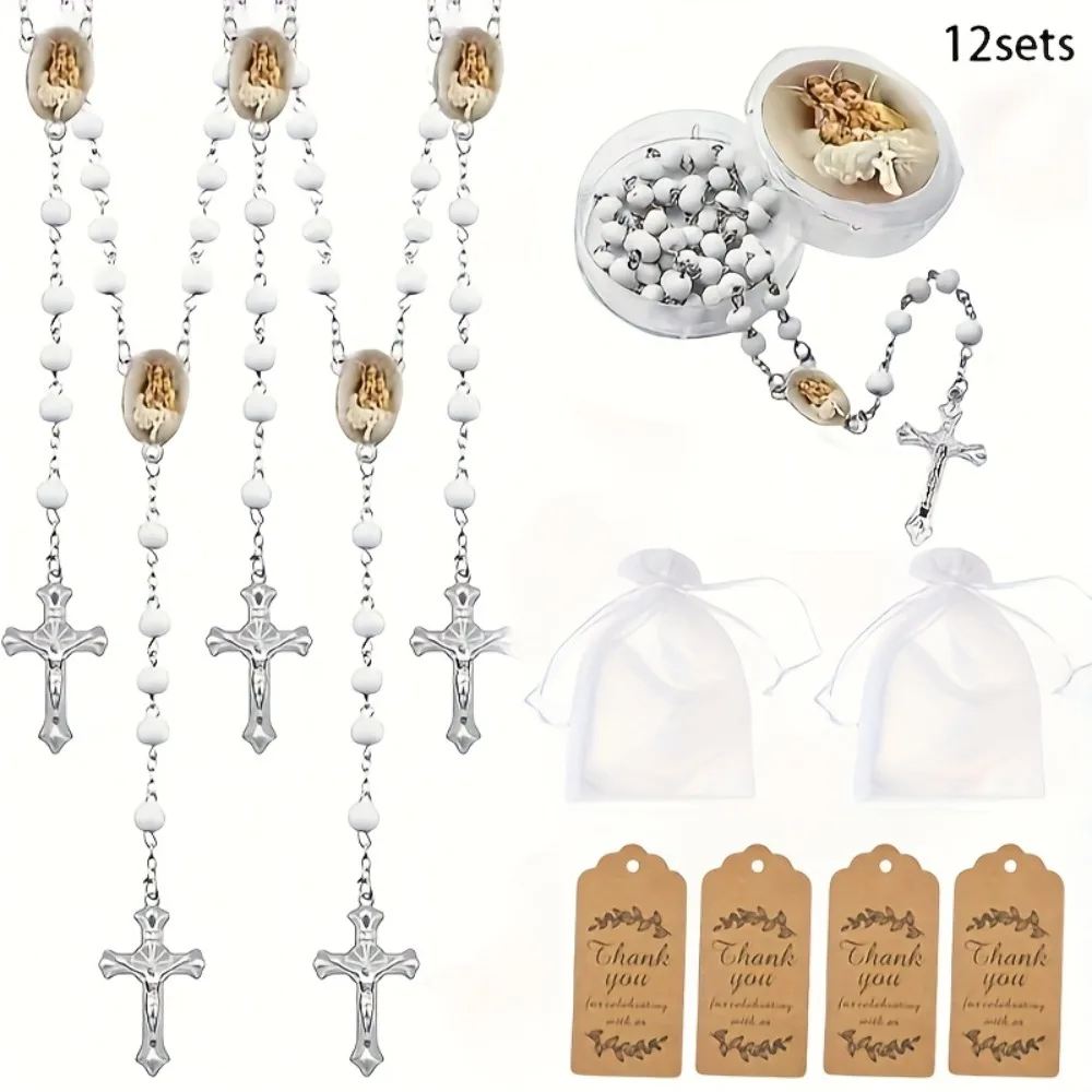 48 piezas/12 juegos de rosarios perfumados hechos a mano con perlas y cruz de la Virgen María, con accesorios para comunión, bautizo, regalo de boda