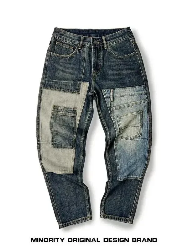 

Premium Men's Denim Jeans Patchwork Color Blo ket Design Straight Leg Casual Trousers Faionable Youthful Trendy
