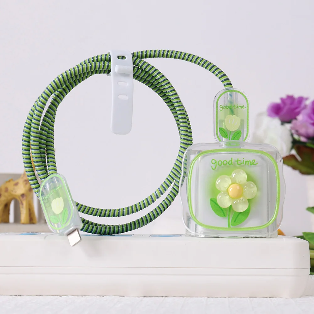 Cute Green Flowers Charging Protective Cover Charger Protector Cable Data Organizer For iPhone 18W/20W Charger Accessories