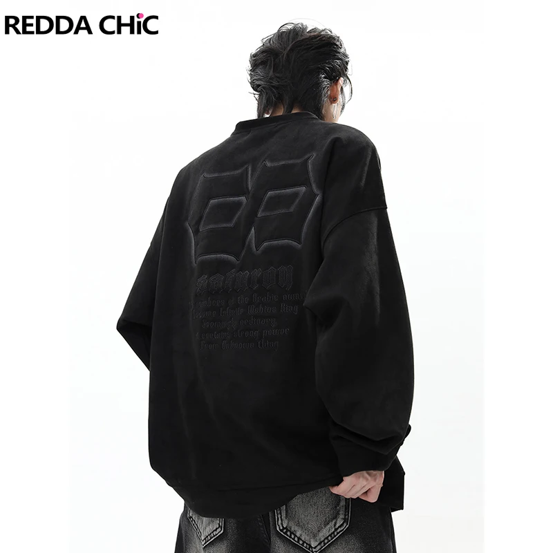 REDDACHIC Men Suede Leather Graphic Sweatshirt Letter Embroidered Pullover O-neck Hoodies Casual Top Harajuku Grunge Streetwear