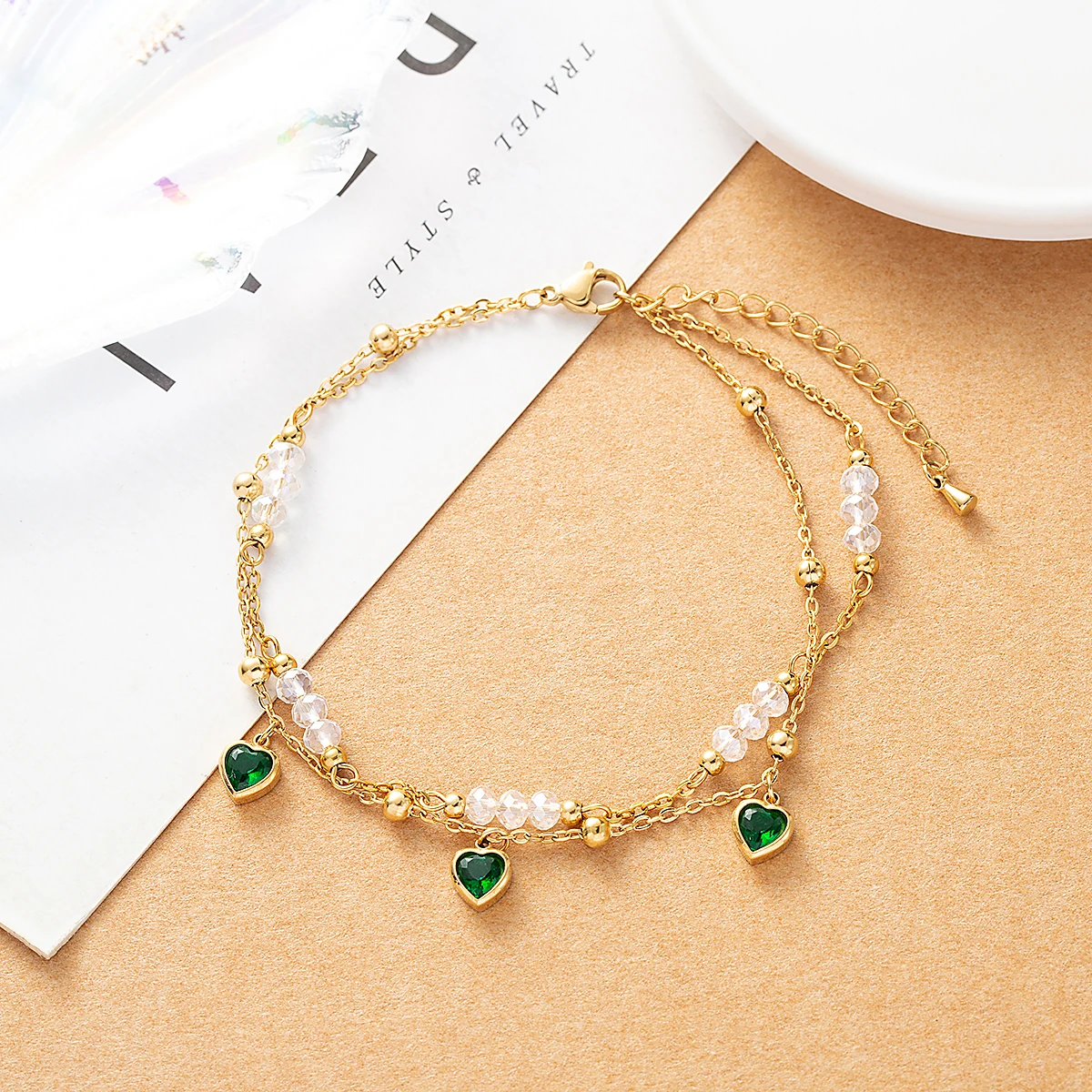 Emerald pendant with multiple layers of crystal beads women's stainless steel fashionable jewelry gift summer beach anklet