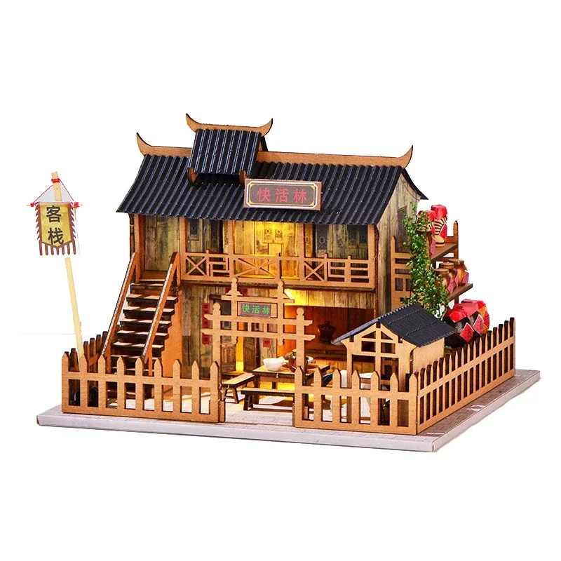 

Chinese Ancient Inn Doll Houses Miniature DIY Wooden Doll Houses with Furniture Light Hotel Cottage for Friends Birthday Gifts