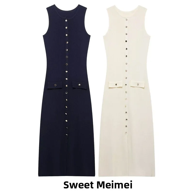 

Spring New Arrival Knitted Evening Dr Vest Long Skirt Commute round Ne Svel Straight Cut Slim Fit Dr