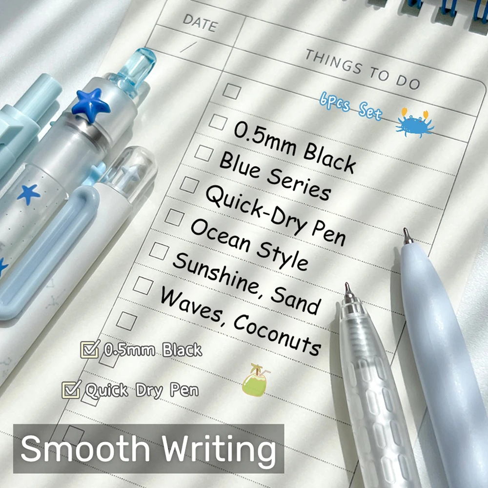 6Pcs Blue Ocean Series Gel Pen Set 0.5mm Fun Quick-Dry Pens Creative Combo Black Writing Pens For Study and Office Use
