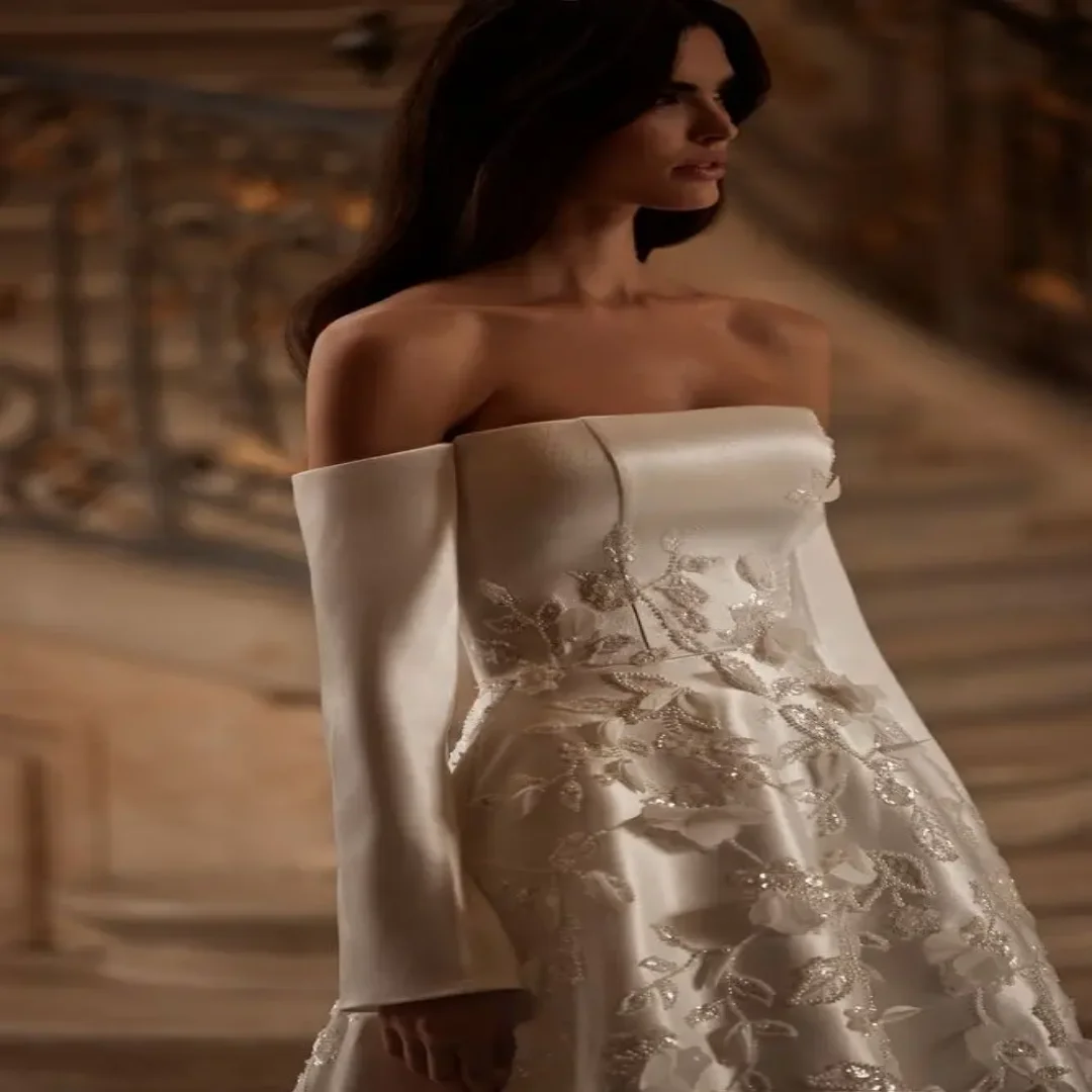 Customzied Grace Off the Shoulder  Wedding Dress  Satin 3D Flowers A-Line customized Bride Gown  Plus Size Vestido De Novia