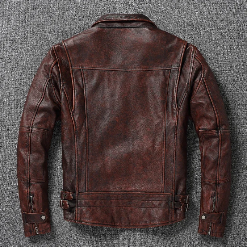 Free shipping! Top layer Cow Oversized Leather Jacket Red-Brown American retro Motorcycle Style Color Distressed High Sense Coat