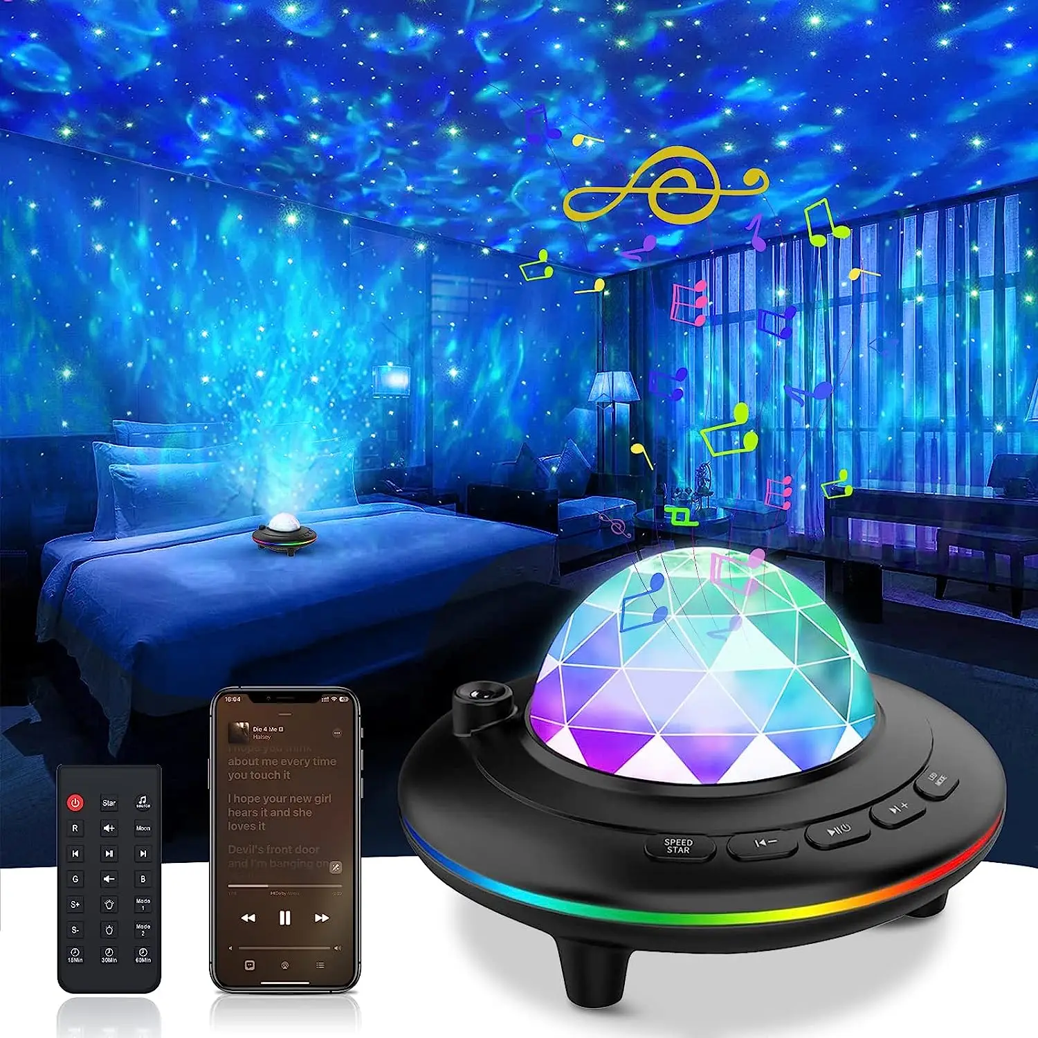 

Laser Starry Galaxy Night Light with Ocean Wave Nebula Cloud Ceiling Lamp for Bedroom,Sky Light,Upgrade Music Control