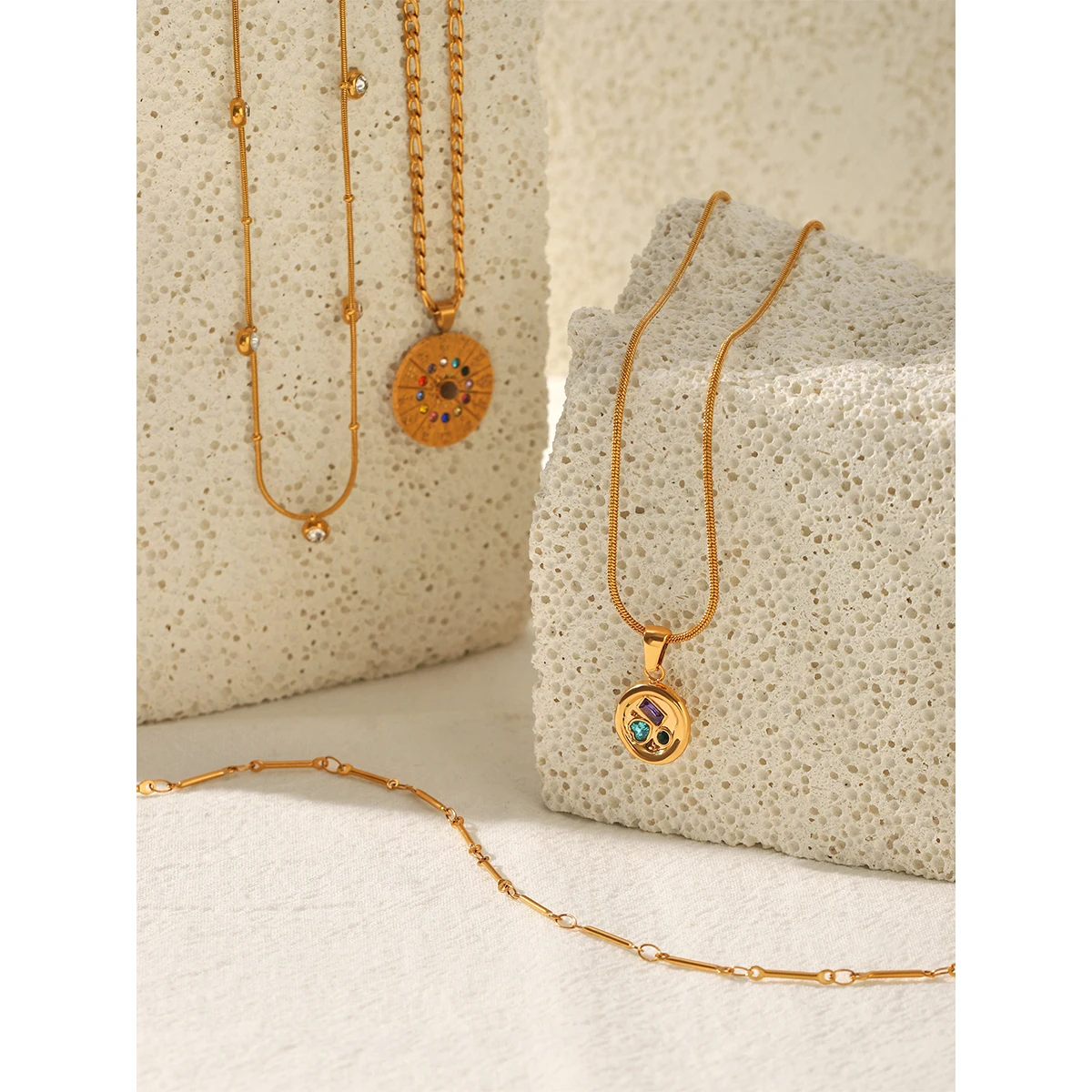 

Ins Style Layered Sweater Chain Necklace 18K Gold Plated Stainless Steel Symbol Colorful CZ Inlaid Waterproof Jewelry For Women
