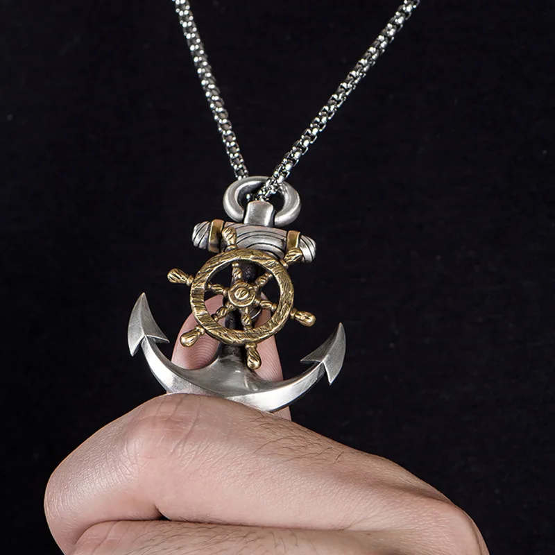 Vintage Pirate Anchor Pendant Necklace for Men Rotating Ship Rudder Dangle Necklaces Punk Jewelry Gift