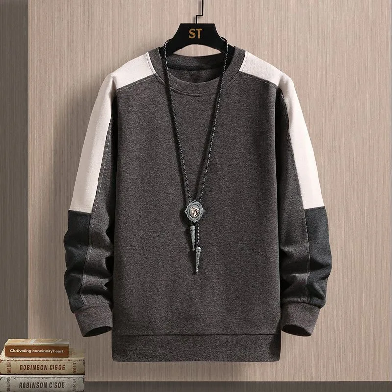 New Autumn Fashion Korean Version Patchwork Color Matching Round Neck Loose and Versatile Handsome Youth Long Sleeved Sweater