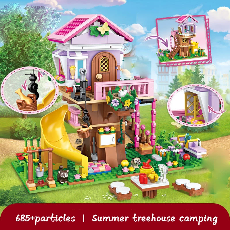 

Summer Tree House Camping Villa Creative Decoration Building Blocks Model Bricks Toys Children's Puzzle Assembles for kids Gifts