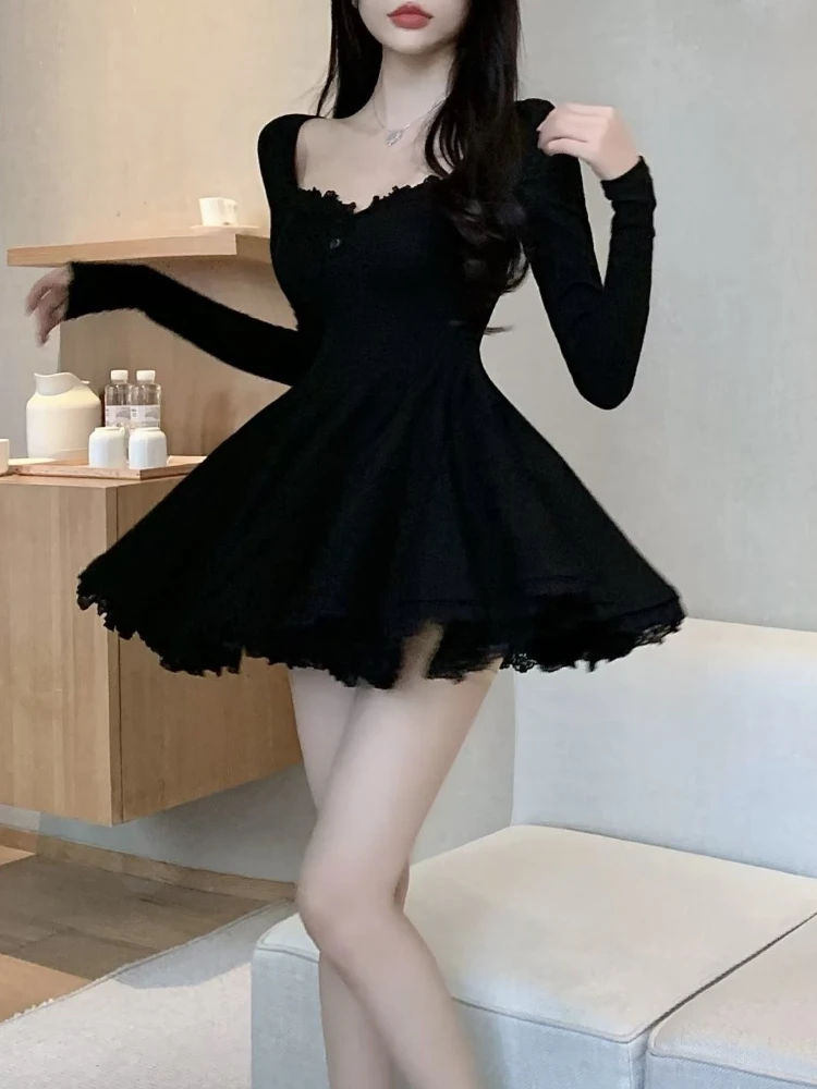 فستان نسائي طويل الأكمام من فيستدوس تونك بياقة مربعة بسيط موضة صغيرة Hotsweet الخريف الحلو الكورية نمط مريح ألف خط الطرف #4