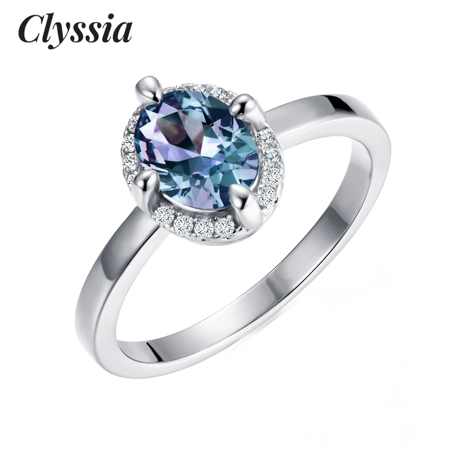 

CLYSSIA Silver 925 Oval Cut Lab Created Alexandrite Gemstone Engagement Band Ring for Women New Wedding Jewelry