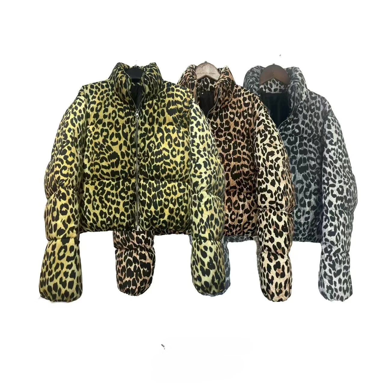 

2025 Autumn Winter Women Leopard Print Parkas Long Sleeve Padded Coats Female Cotton Jackets Lady Stand Collar Zipper Outerwear