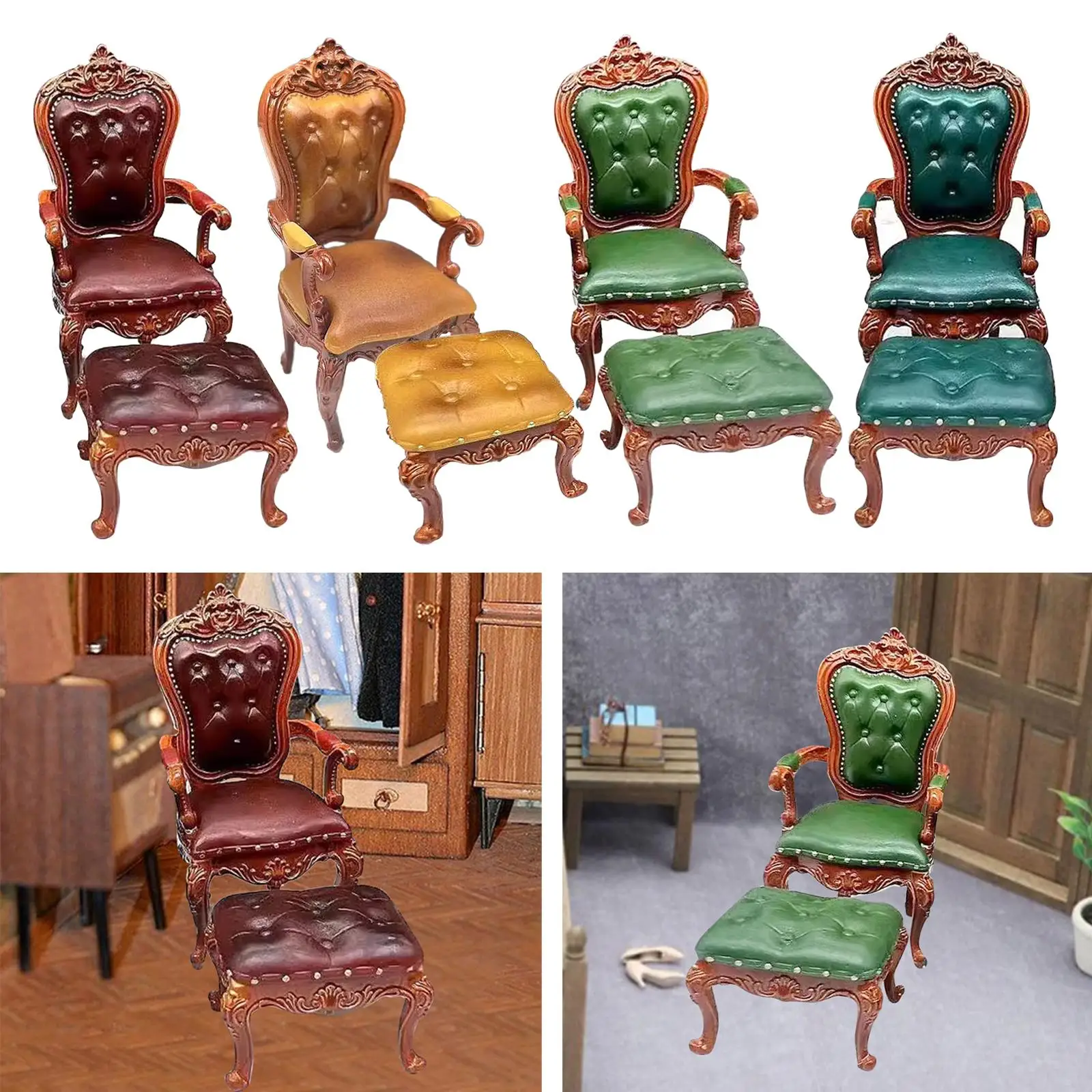 2x 1:12 Scale Dollhouse Chair and Foot Stool Life Scene Furniture Doll Accessories Decoration for Bedroom Living Room Ornaments