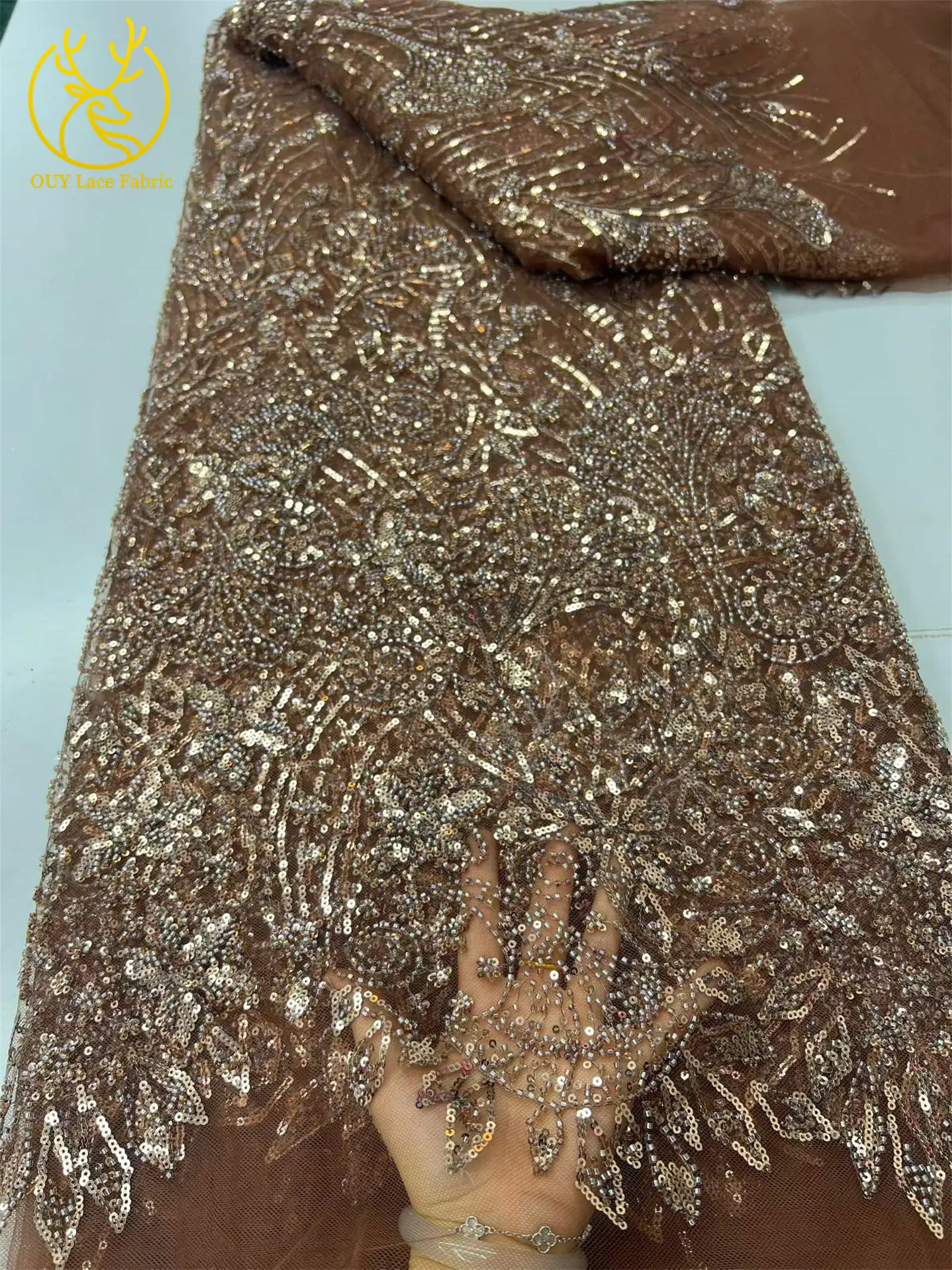 Grüner eleganter afrikanischer Perlen-Pailletten-Spitzenstoff, 5 Yards, hochwertige nigerianische Mesh-Tüllspitze für Damen, Abschlussball, Partykleid, Nähen – Detail 13