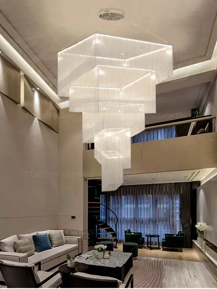 Modern Luxurious Led Square Chandelier Gold/Silver Hanging Lamp For High Ceiling Living Room Lobby Staircase Large Chandeliers