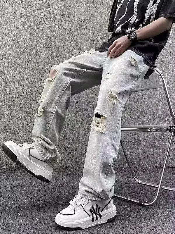 

Модные американские джинсы свободного прямого кроя для мужчин, осенняя новинка, повседневные длинные брюки, винтажные рваные джинсы с дырками