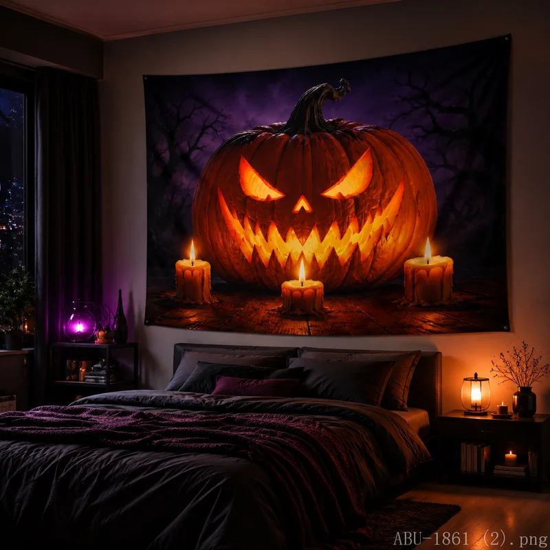 VIKAMA Vintage Halloween Pumpkin Tapestry Dry Maple Leaf Candle Dark Night Scene Wall Hanging Bedroom Dorm Decor Cloth