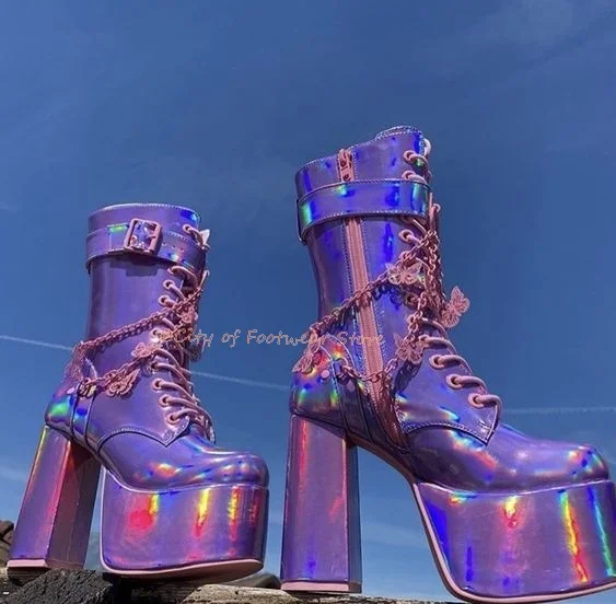 

Purple Patent Leather Platform Heeled Mid Boots Women Chunky Heel Metal Chain Lace up Butterfly Decor Zip Shoes 2023 New in