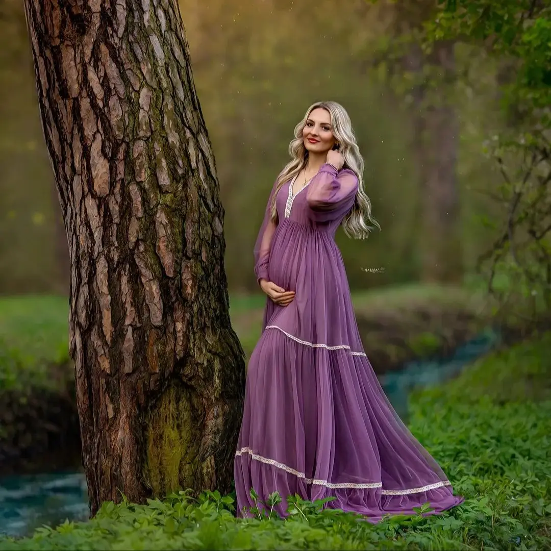 

Purple A Line Evening Dresses V Neck Long Sleeves Babyshower Party Gowns Sexy Floor Length Pregnant Women Photoshoot Robes