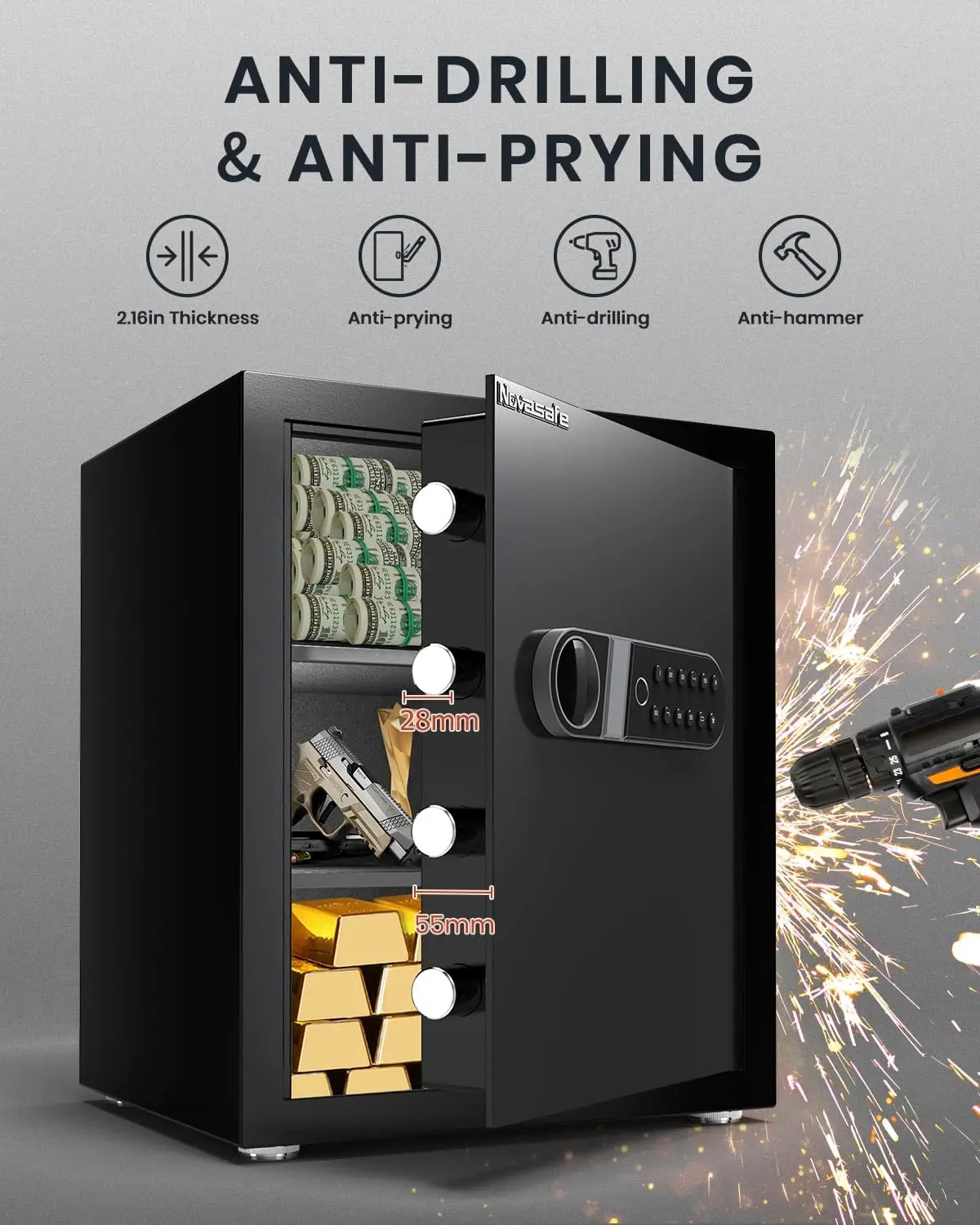 2.0 Cu ft Fingerprint Safe Box with Fireproof Bag, Key & Digital Keypad for Home Security