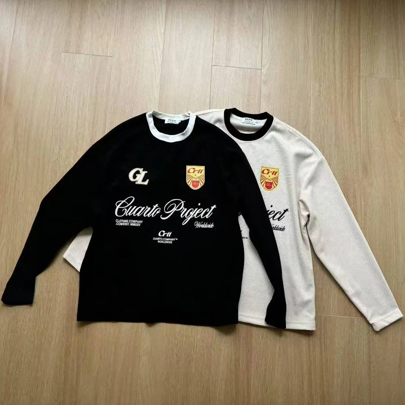 

Long Sleeve Waffle Fabric Badge Letters Print T Shirt Stripe Neck Tops Men Women Black Apricot Loose Quick Dry Breathe T-shirt