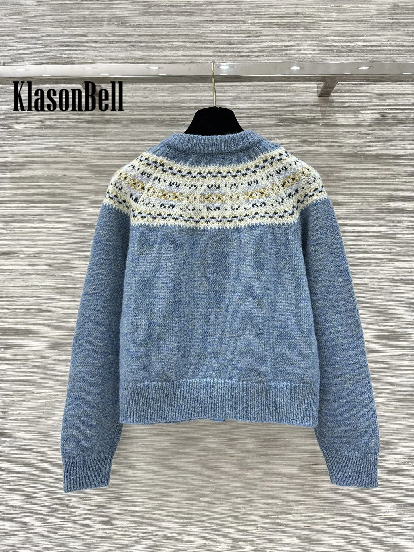 9.28 KlasonBell Women Autumn Winter New Contrast Color Letter Print O-Neck Gold Button Cardigan Wool Knit Short Sleeve Sweater