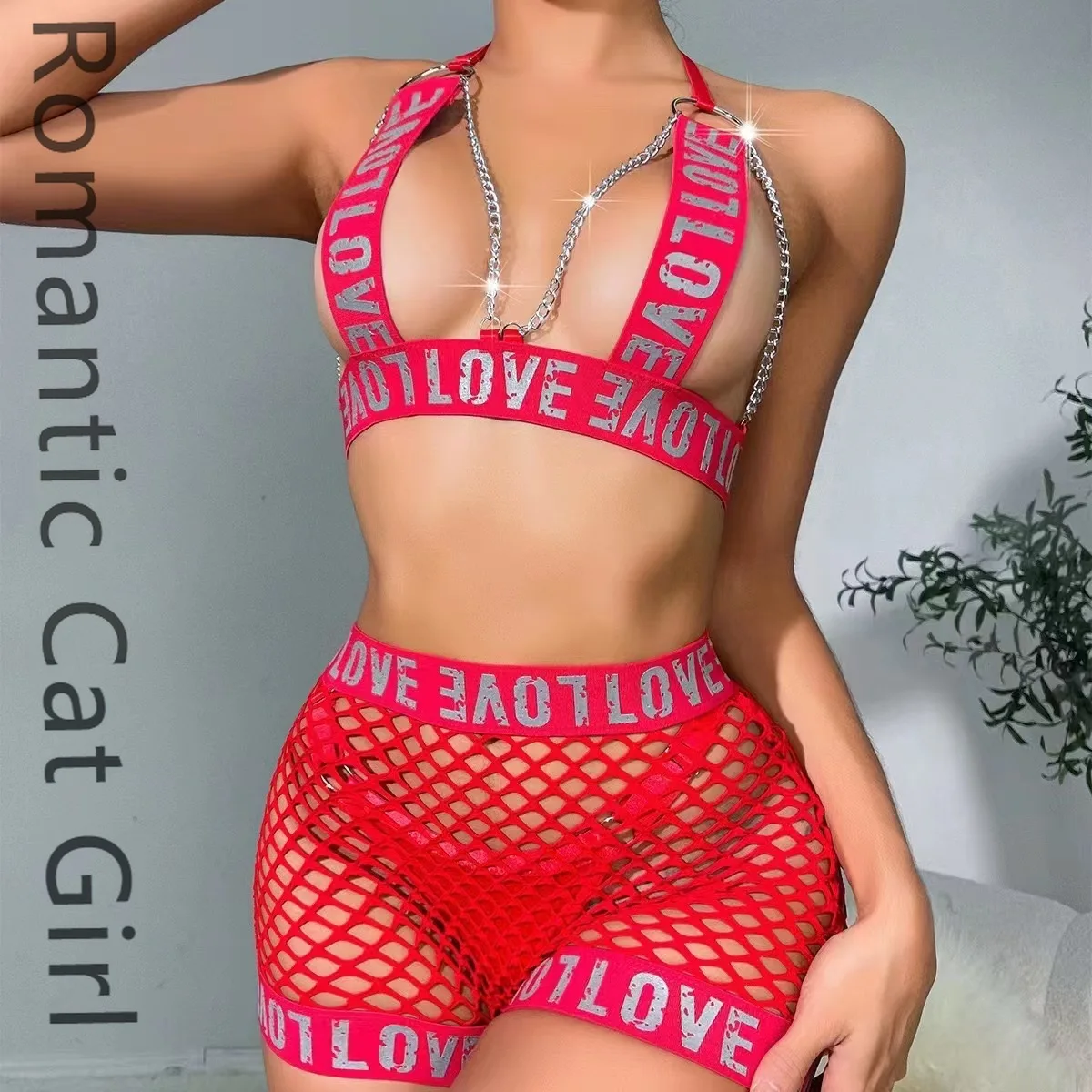

2025 new European and American sexy lingerie set fishing net perspective letter printing temptation uniform woman