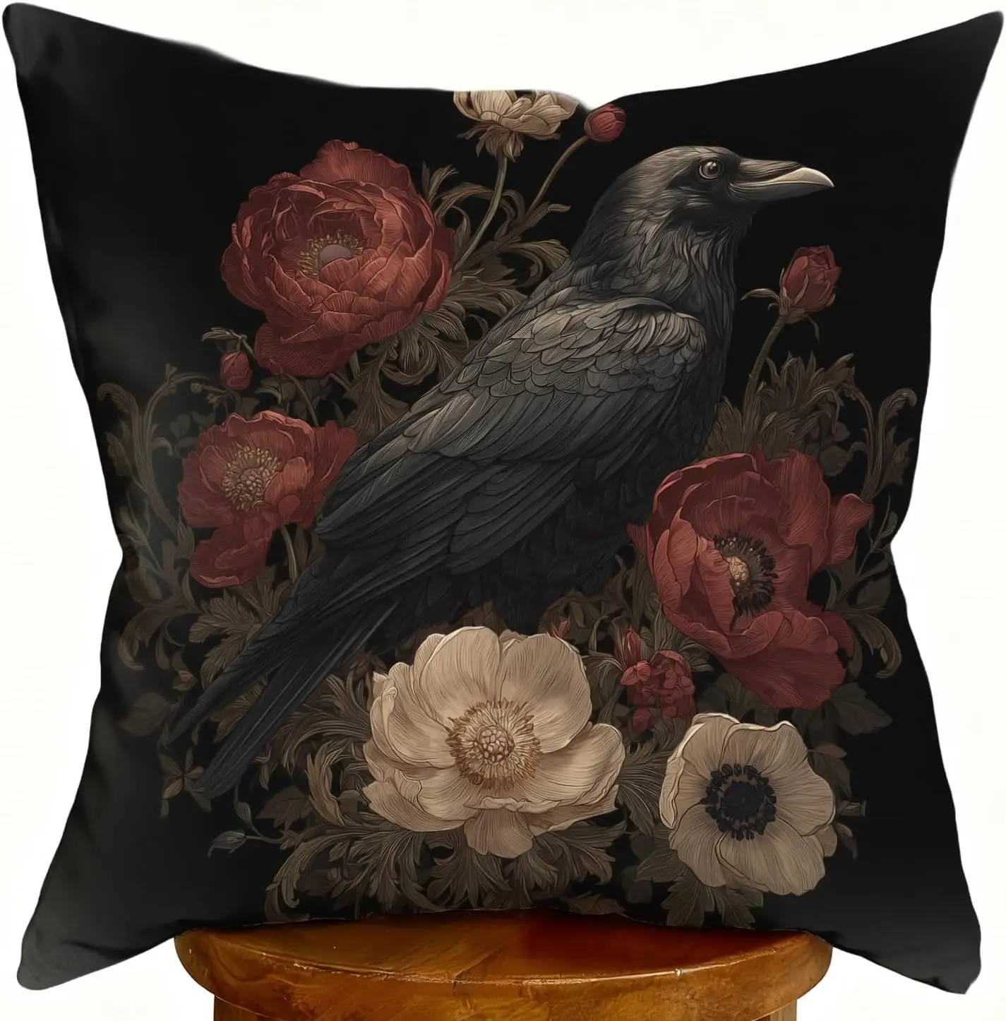 Gothic Floral Crow Pillowcase 18x18 Inch Dark Academia Art Print Bohemian Cushion Cover Cottagecore Decor Home Accent Gift