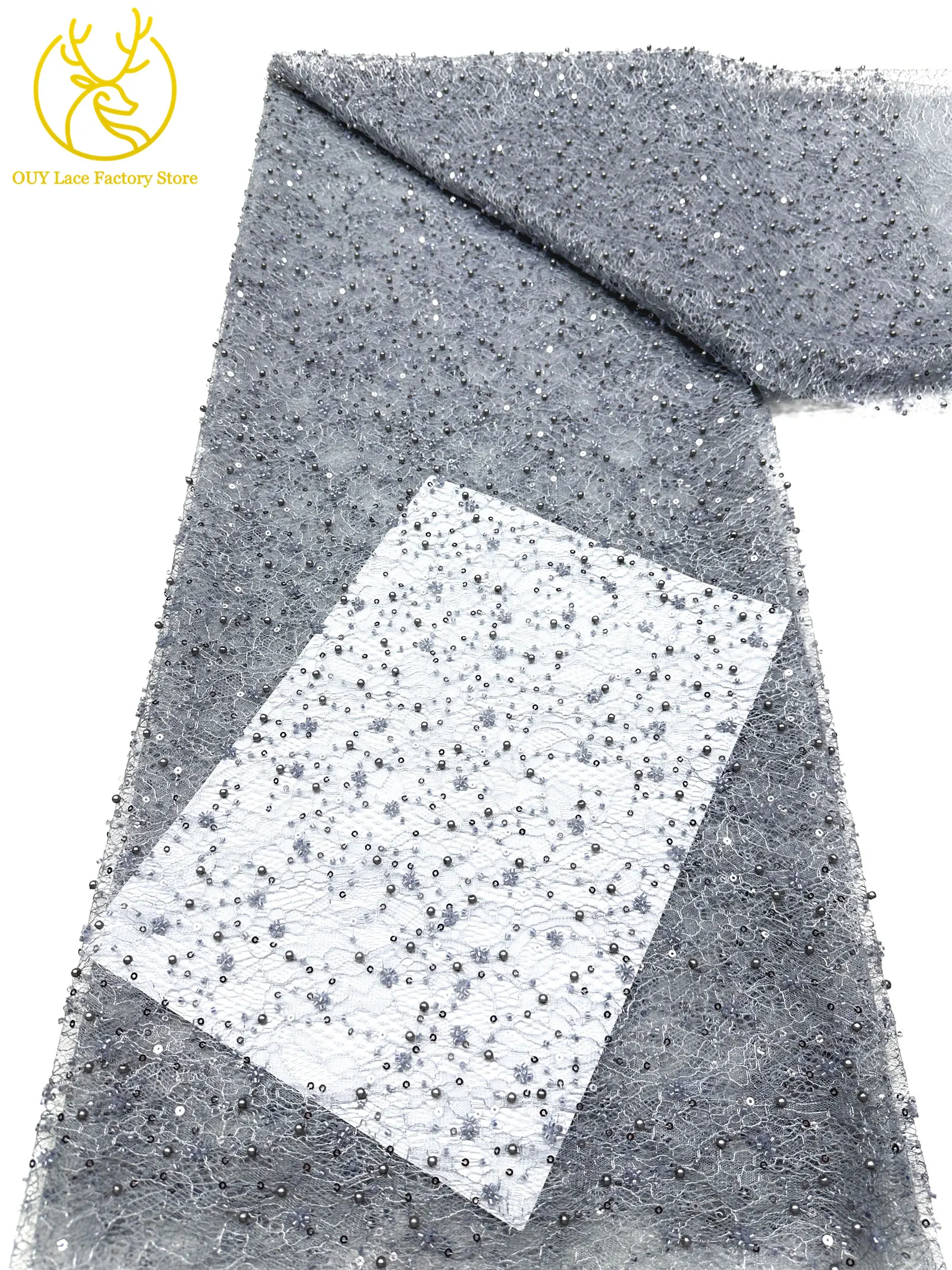 Kaffeebraune französische Tüllspitze mit Pailletten, 5 Yards, hochwertige afrikanische Spitze, nigerianischer Perlenstickerei-Spitzenstoff zum Nähen von Damen-Abendkleidern – Detail 27