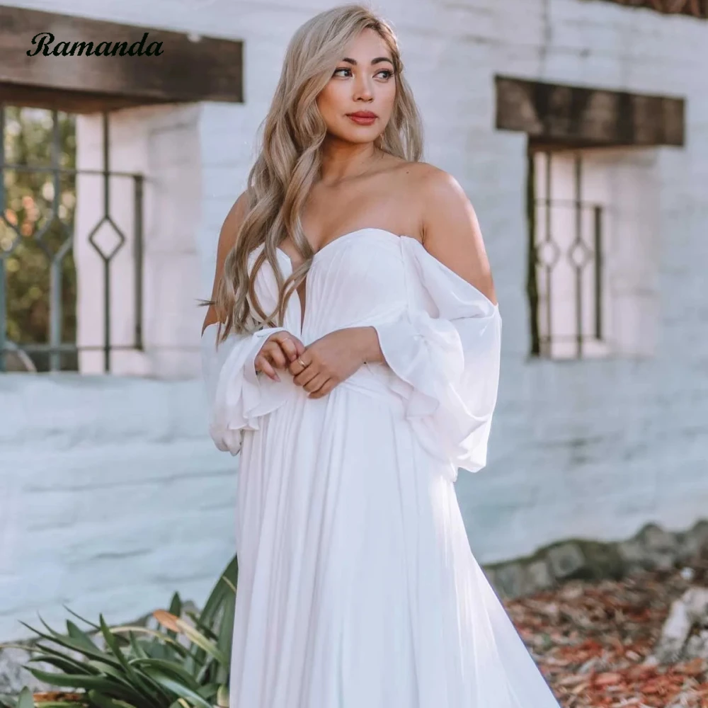 Ramanda Detachable Puff Sleeve Wedding Dress Elegant Backless High Slit Bride Dresses Bow Sweetheart Princess Vestido Noiva