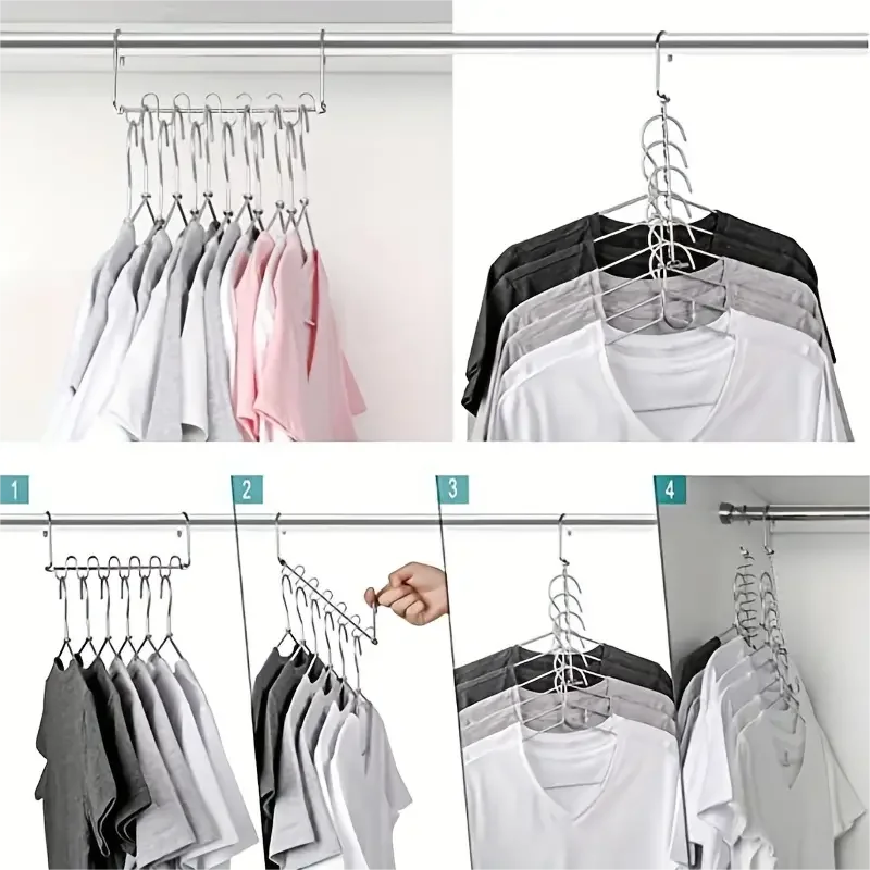 4pc Stainless Steel Space Saving Hangers - 12 Slots, Magic Cascading Design, Clothes Organizer for Closet Storage